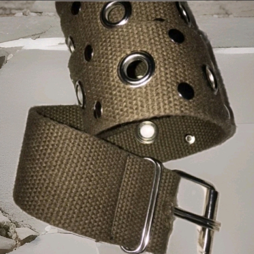 Army Green Canvas Studdef Grommet Belt, 33-38" Adjustablr Unisex 2" Wide